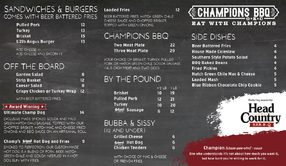 champs bbq menu