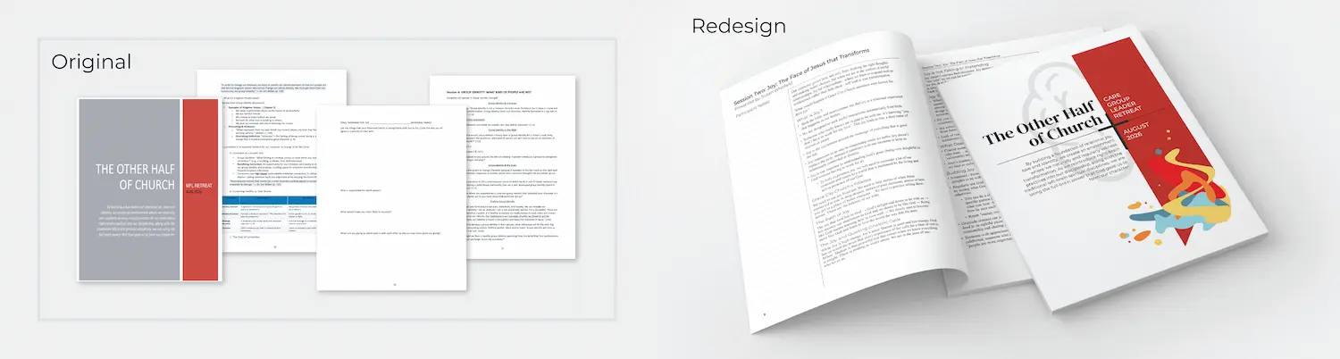 Before and after comparison of the Church Workbook design.