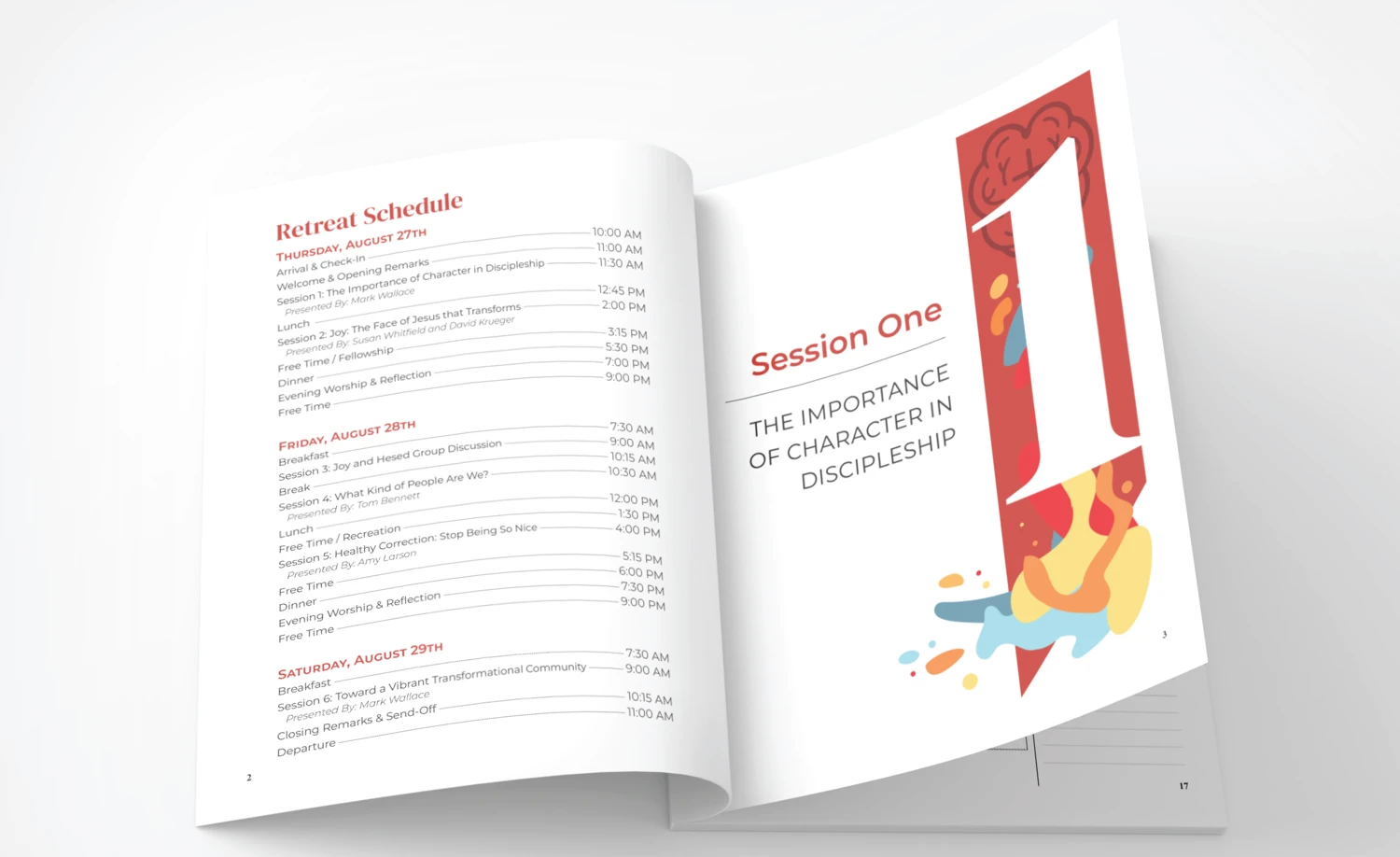 Church Workbook Spread, showing retreat schedule and section header.