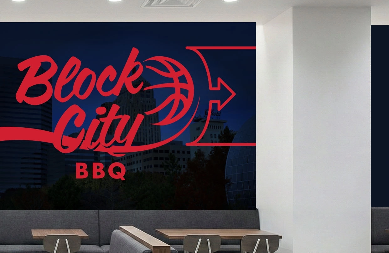 Block City BBQ restaurant branding mockup, display three