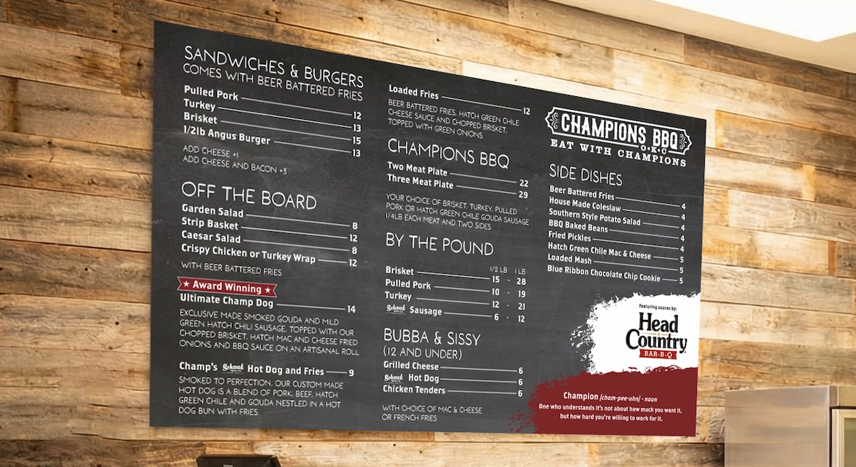 Champions BBQ menu design mockup