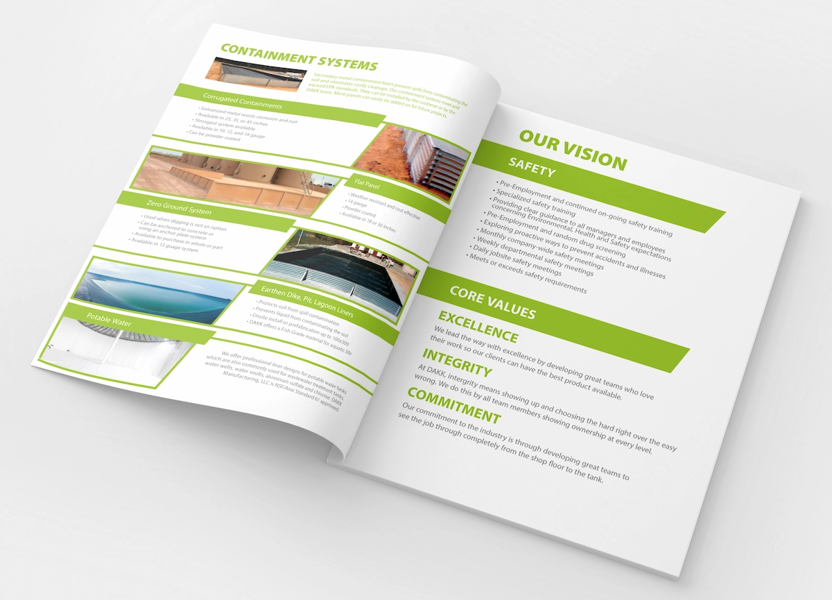 Dakk brochure interior spread, alternate mockup view