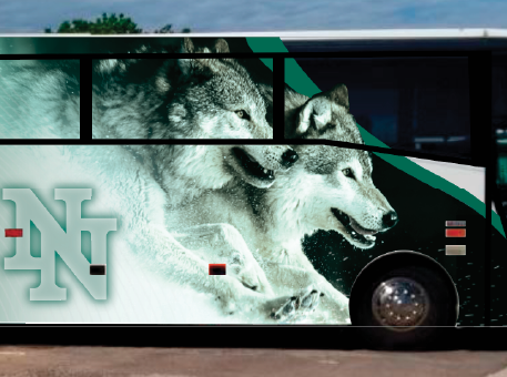 mobile wolves on side of bus